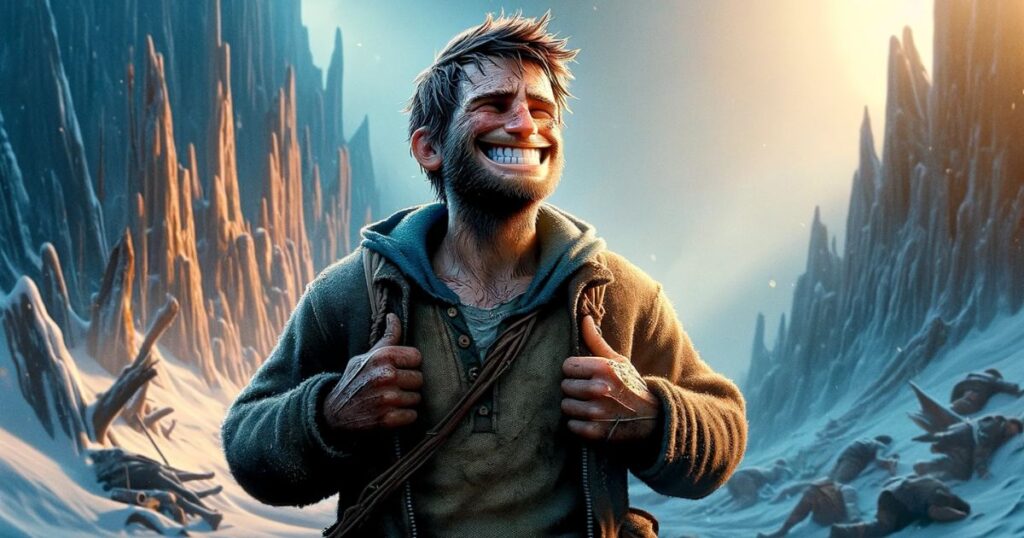 Imagem representando a expressão 'Grin and Bear it', com um personagem sorrindo bravamente em uma situação desafiadora. Simboliza perseverança e resiliência, perfeita para conteúdo relacionado a superação de obstáculos, saúde mental e otimismo diante das adversidades.
