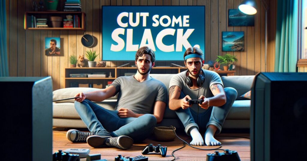 Imagem de amigos jogando videogame, com um deles pedindo para pausar o jogo, em uma sala aconchegante, destacando a importância da compreensão em momentos de lazer.