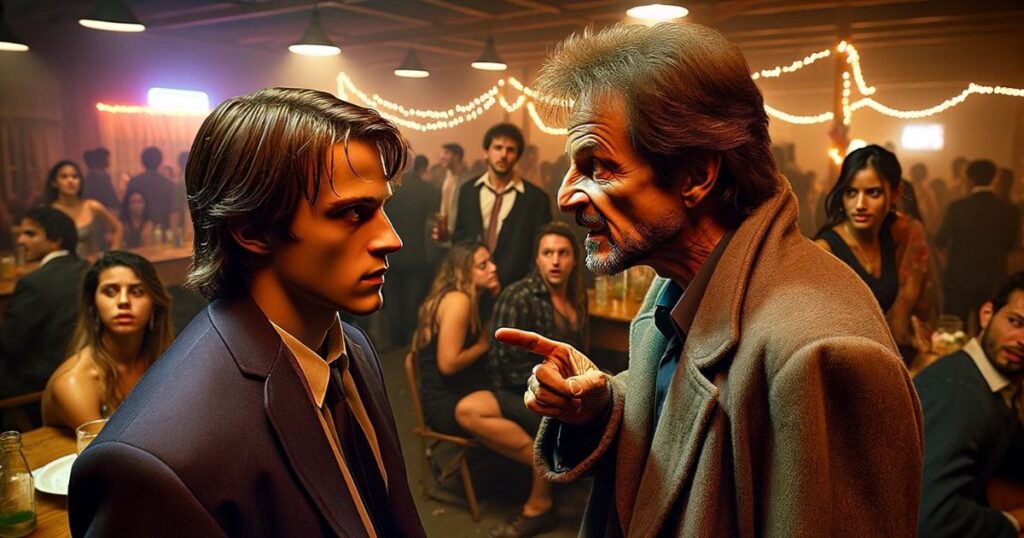 Imagem de John e outro personagem em uma festa, com o protagonista visivelmente irritado com uma pessoa arrogante, enquanto John parece mais calmo, em um ambiente festivo