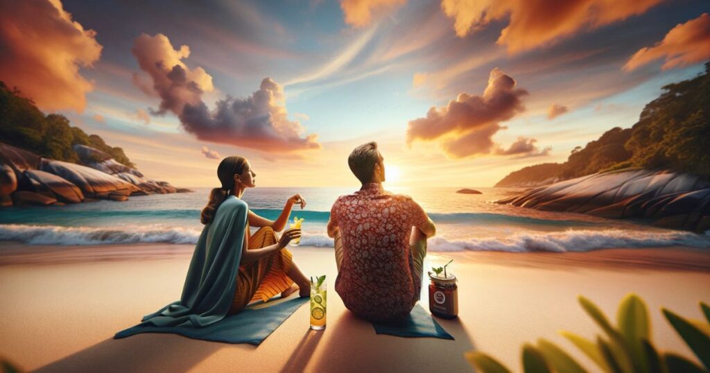 Sarah e Mark relaxando na praia, com um pôr do sol ao fundo, desfrutando de um momento de paz e tranquilidade