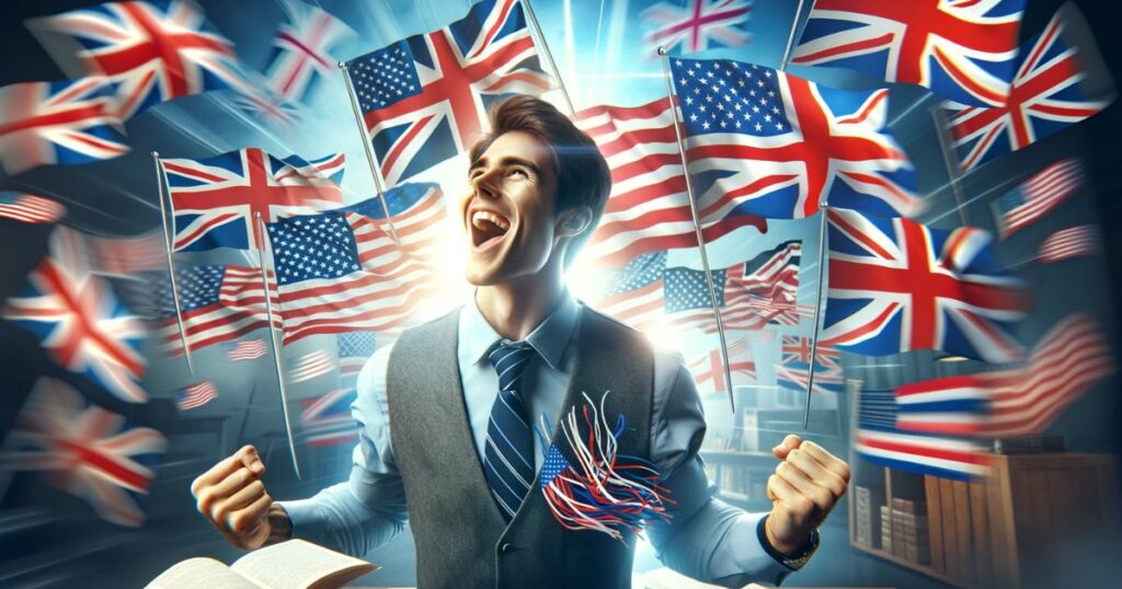 Pessoa comemorando por falar inglês fluentemente, com bandeiras do Reino Unido e dos Estados Unidos ao fundo, celebrando a expressão 'Knock One's Block Off'.
