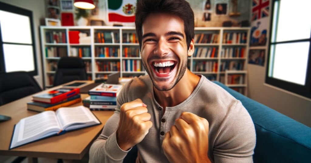 Imagem de uma pessoa comemorando a fluência em inglês, em um ambiente de estudo, expressando alegria e satisfação pela conquista