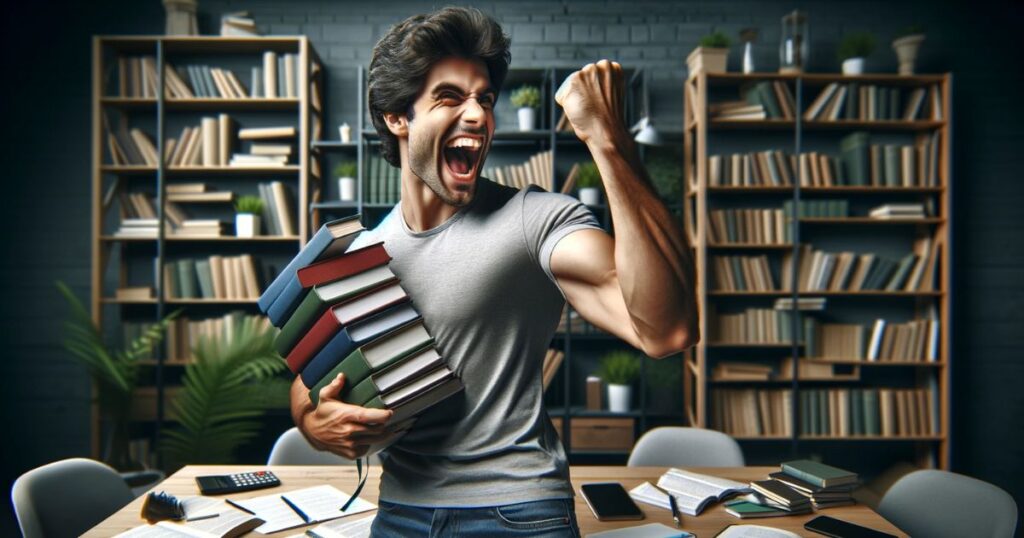 Imagem de uma pessoa animada estudando inglês, segurando livros e comemorando, em um ambiente de aprendizado, representando a alegria no processo educacional