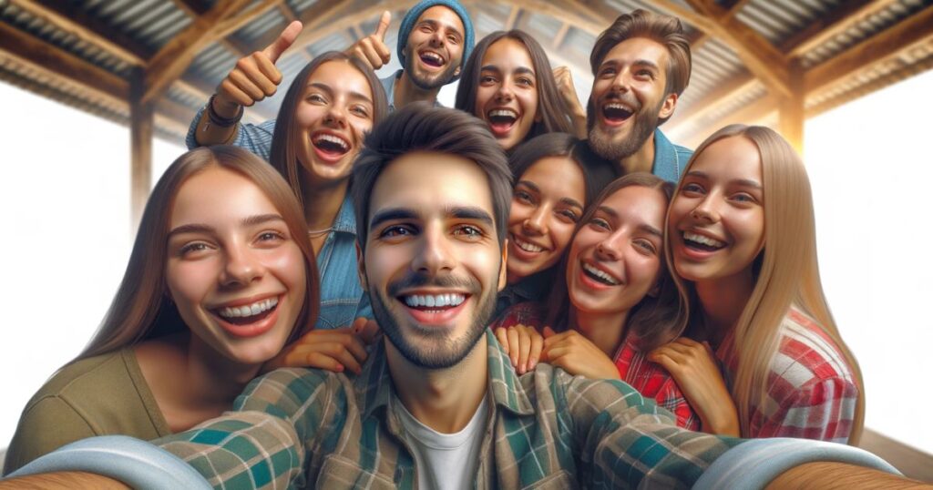 Pessoa celebrando com um grupo de amigos, todos sorrindo e se divertindo, ilustrando a expressão 'The More the Merrier'