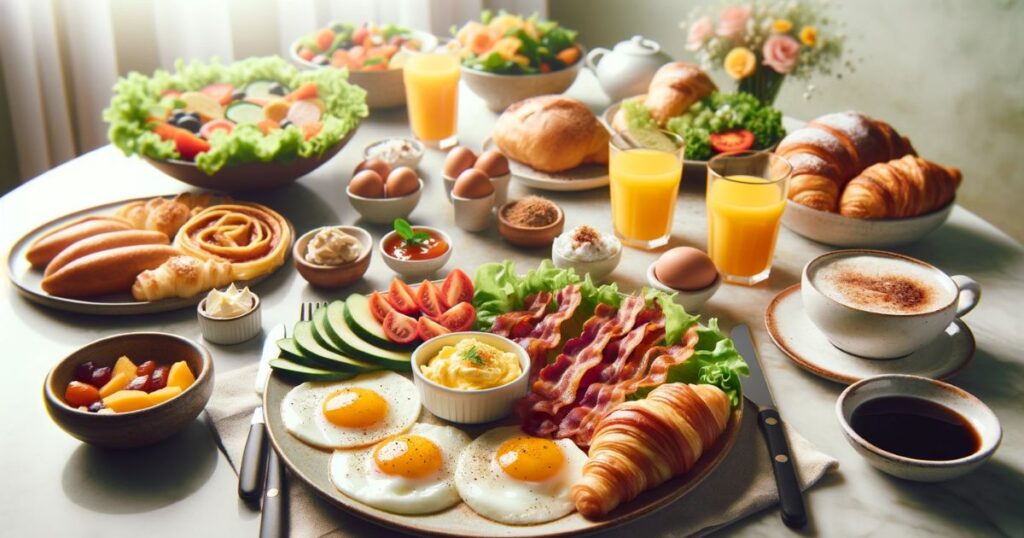 Imagem de uma mesa repleta de pratos para um brunch, incluindo ovos, bacon, torradas, salada e suco de laranja, em um ambiente claro e acolhedor