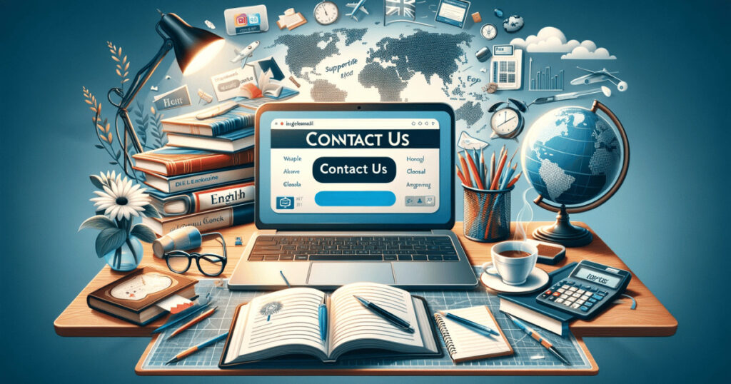 Ambiente educacional acolhedor com mesa, laptop em site de aprendizado de inglês e mapa global, incentivando a comunicação no site de contato do inglesfluentmail.store