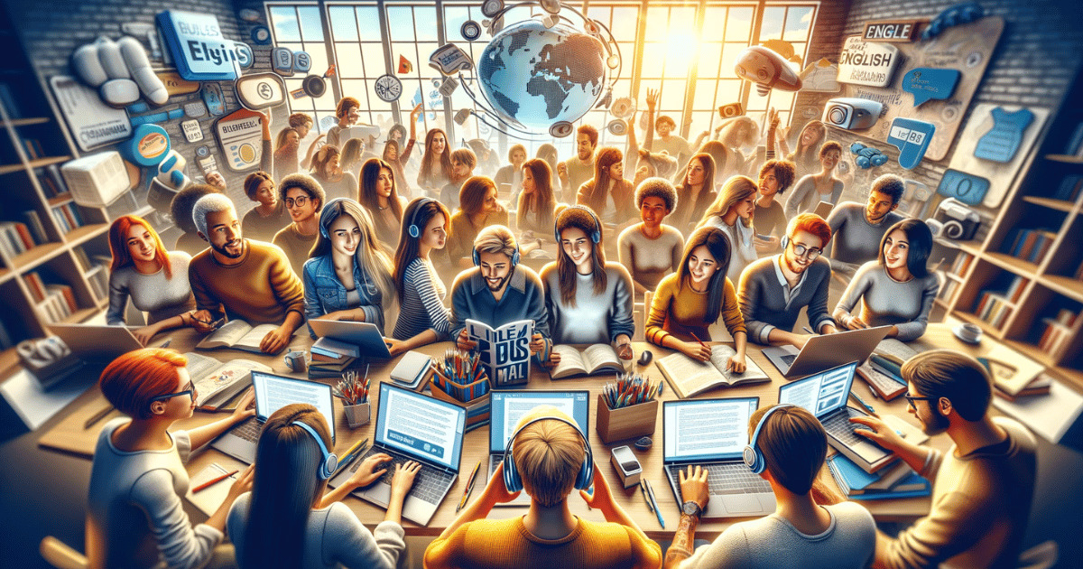 Grupo diversificado de brasileiros em uma sessão de aprendizado de inglês interativo, cercados por tecnologia moderna, em um ambiente vibrante e acolhedor, destacando a abordagem tecnológica do Ingles Fluent Mail para a educação