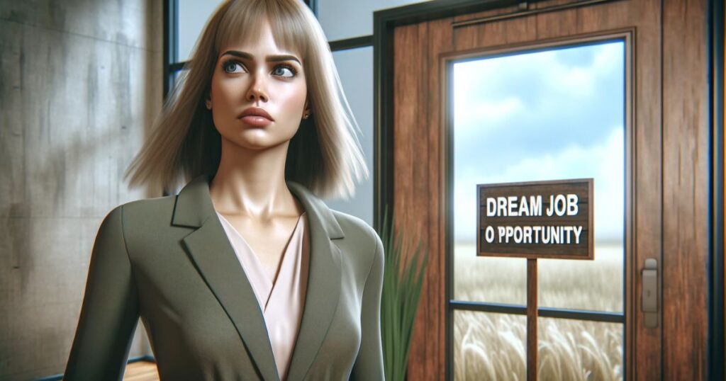 Lisa em frente a uma porta com a sinalização 'Oportunidade de Emprego dos Sonhos', parecendo nervosa mas determinada.