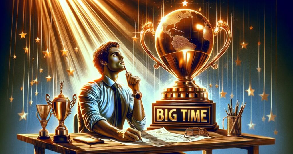 Imagem de uma pessoa em um ambiente de sucesso, realizando uma tarefa grandiosa, simbolizando a expressão 'big time' e a conquista de objetivos importantes