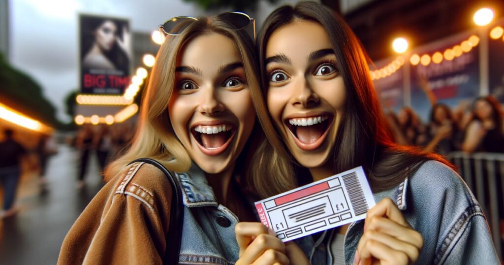 Imagem de duas amigas sorrindo e segurando ingressos para um show, em um ambiente urbano iluminado, simbolizando a excitação e a antecipação de momentos memoráveis