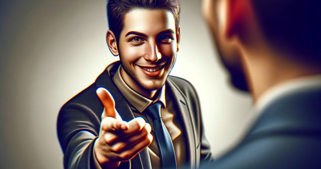 Pessoa persuadindo outra com um sorriso amigável e gestos confiantes, exemplificando a expressão 'win over'.