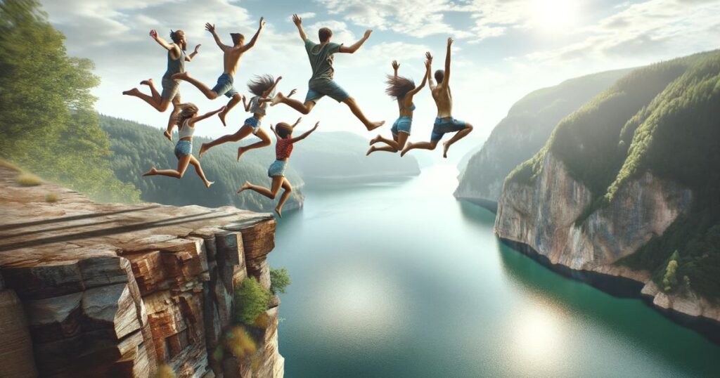 Grupo de amigos pulando de um penhasco alto em um lago, desfrutando da emoção e liberdade, exemplificando 'Throw Caution to The Wind