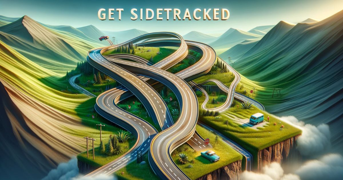 Imagem ilustrando a expressão 'Get Sidetracked', com uma pessoa ou veículo desviando de um caminho definido para uma rota sinuosa. Representa a exploração e as jornadas inesperadas da vida, ideal para conteúdo sobre flexibilidade, aventura e descobertas inesperadas