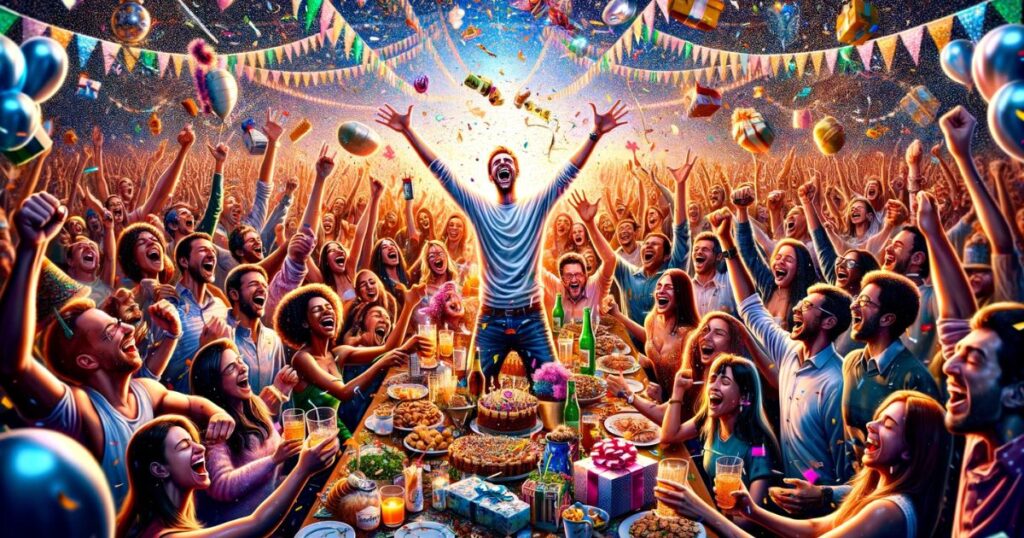 Imagem de um grupo de pessoas em um ambiente festivo, comemorando com taças na mão e muita alegria, simbolizando a celebração grandiosa de momentos significativos