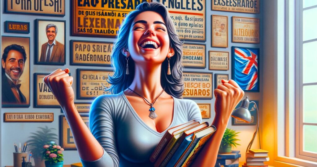 Imagem de uma mulher sorridente em uma sala de estudo, comemorando o aprendizado do inglês e a expressão 'Back On Track', simbolizando a alegria e o sucesso na jornada de aprendizado de um idioma.