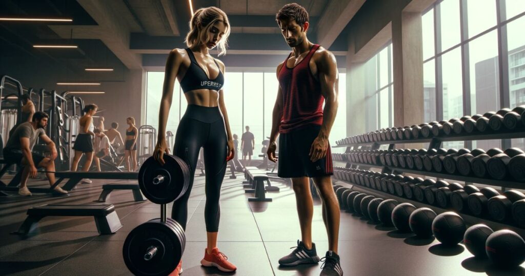 Imagem de Emily e Mike se alongando em uma academia moderna, simbolizando a importância da preparação e do autocuidado para um estilo de vida saudável