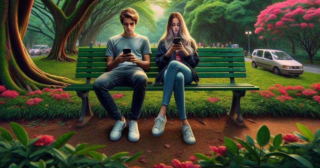 Imagem de Lucas e Amanda sentados em um banco de parque, olhando para seus celulares, cercados por um ambiente natural belo, simbolizando a distração digital em meio à natureza.