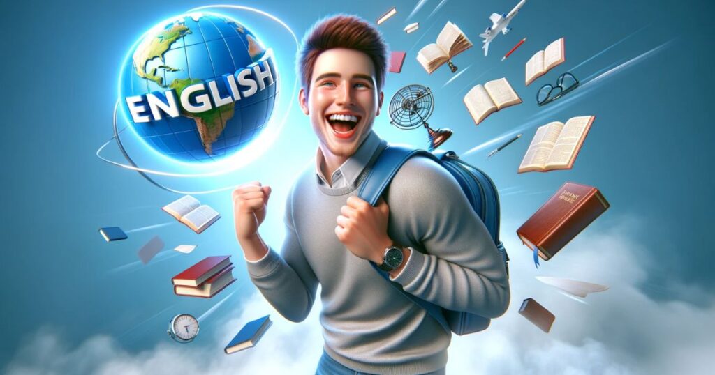 Pessoa feliz celebrando sua fluência em inglês, com livros e um globo ao fundo, simbolizando o sucesso no aprendizado do idioma