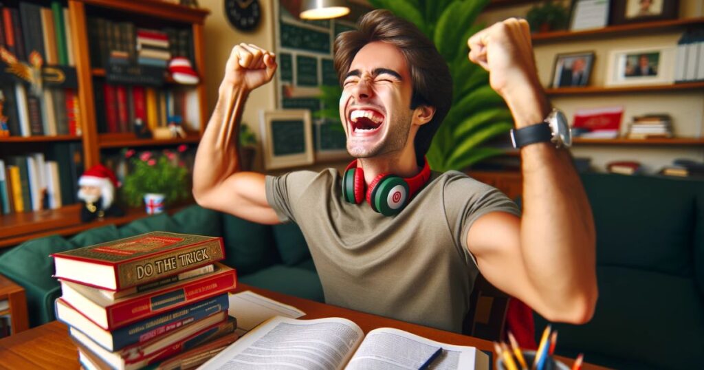 Imagem ultrarrealista de uma pessoa celebrando a fluência em inglês, rodeada de livros e materiais de estudo, simbolizando a alegria de dominar a expressão 'do the trick'