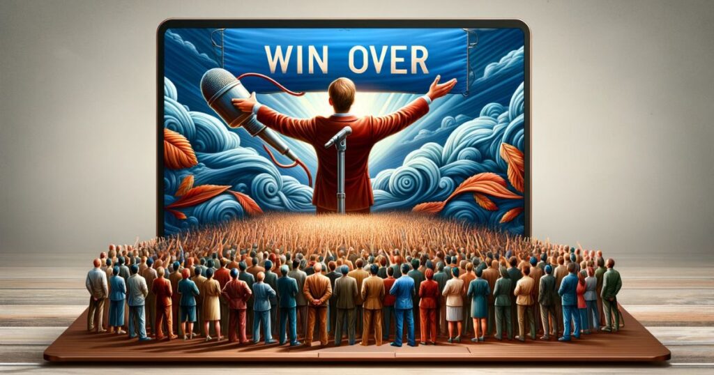 Imagem ilustrando a expressão 'Win over', com uma pessoa persuadindo um grupo, simbolizando a conquista de apoio e aprovação. Ideal para conteúdo sobre comunicação eficaz, influência e estratégias de persuasão
