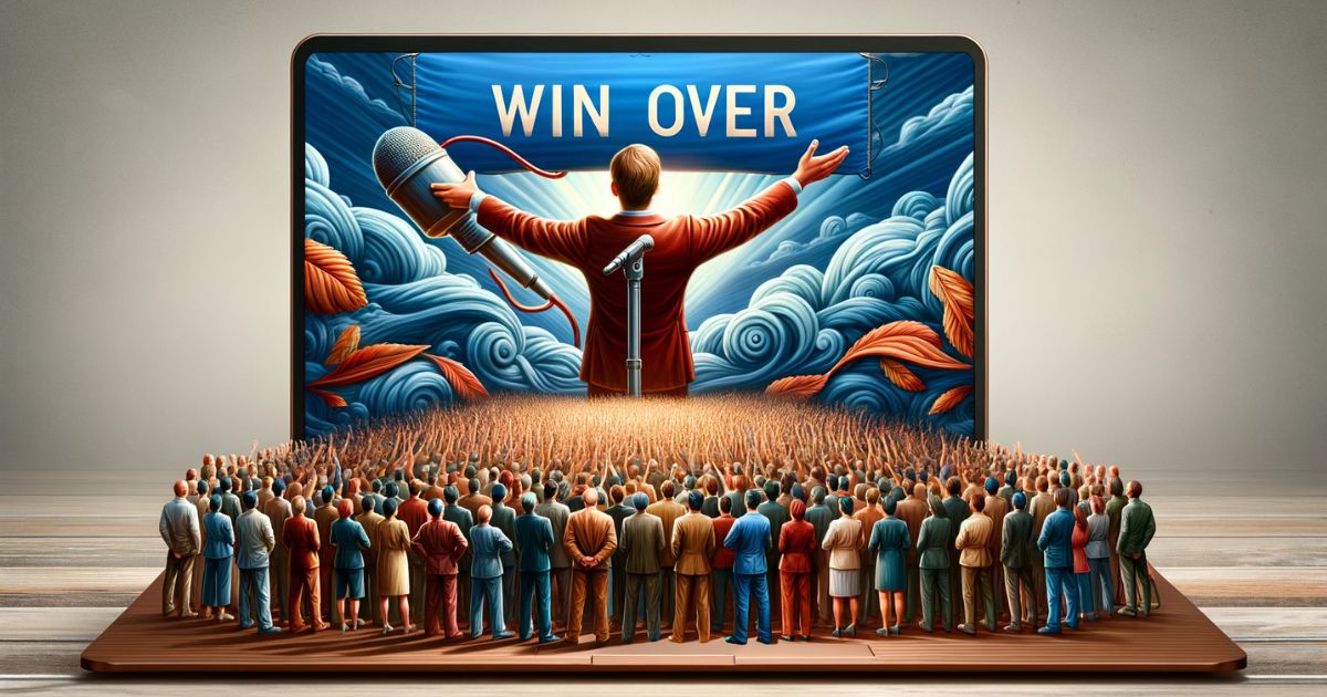 Imagem ilustrando a expressão 'Win over', com uma pessoa persuadindo um grupo, simbolizando a conquista de apoio e aprovação. Ideal para conteúdo sobre comunicação eficaz, influência e estratégias de persuasão