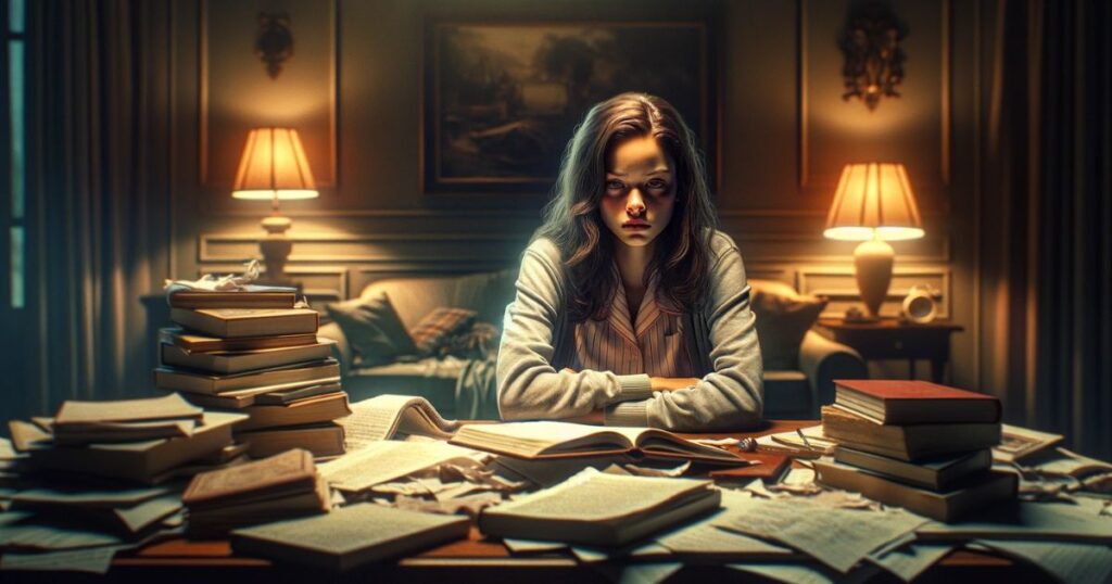 Imagem de Laura sentada em seu quarto, com expressão de frustração, rodeada por livros espalhados, simbolizando os desafios do aprendizado