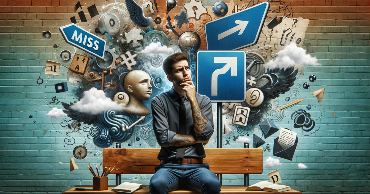 Imagem ilustrando a expressão 'Miss The Point', com uma pessoa parecendo confusa entre sinais claros, representando um mal-entendido. Ideal para conteúdo sobre comunicação, compreensão e evitando interpretar mal as informações.