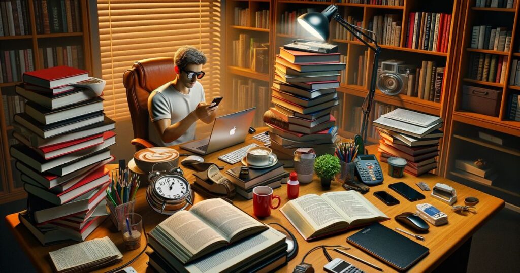 Imagem de uma pessoa em um ambiente de estudo ou trabalho, distraída olhando para o celular ou conversando, simbolizando a facilidade de se desviar do foco principal