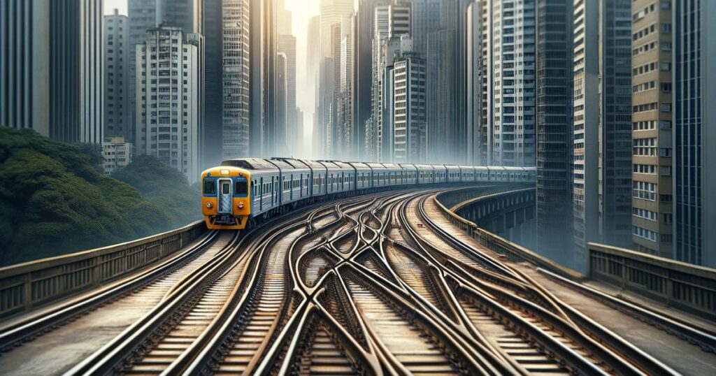 Imagem de um trem mudando de trilhos principais para secundários, ilustrando literalmente a expressão 'Get Sidetracked' e a ideia de desviar do caminho planejado.