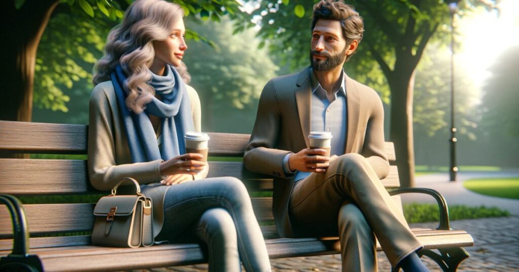 Peter e Lisa sentados em um banco de parque, conversando e segurando xícaras de café, em um ambiente tranquilo