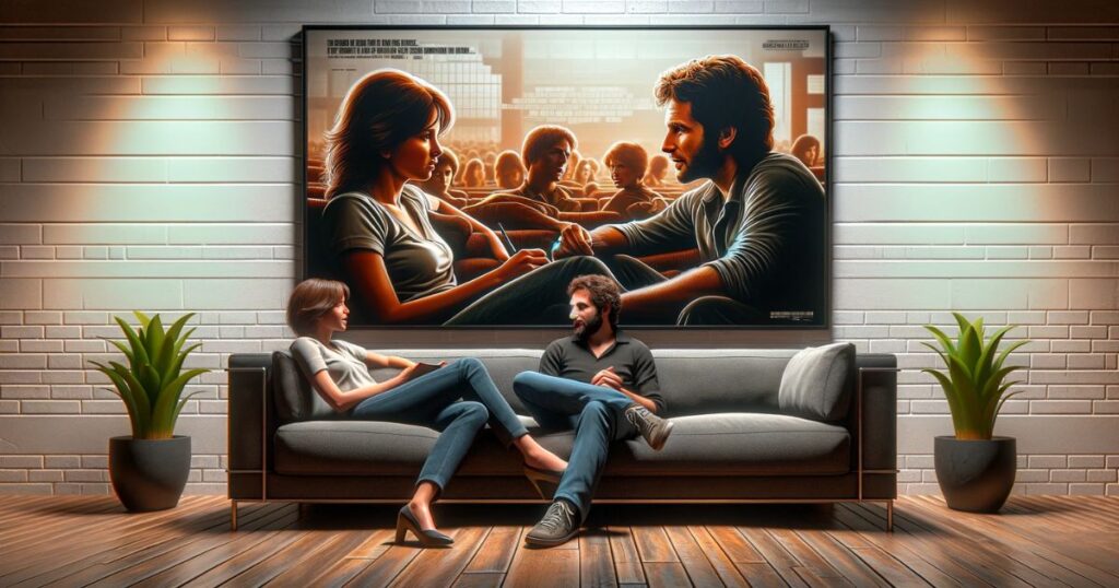 Homem e mulher sentados em um sofá discutindo um filme, com o pôster do filme ao fundo