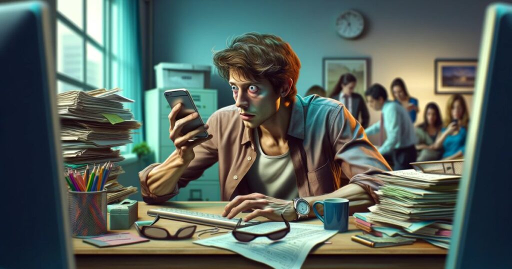 Imagem de uma pessoa em um escritório, distraída olhando para o celular, simbolizando a perda de foco e a facilidade de se desviar das tarefas de trabalho