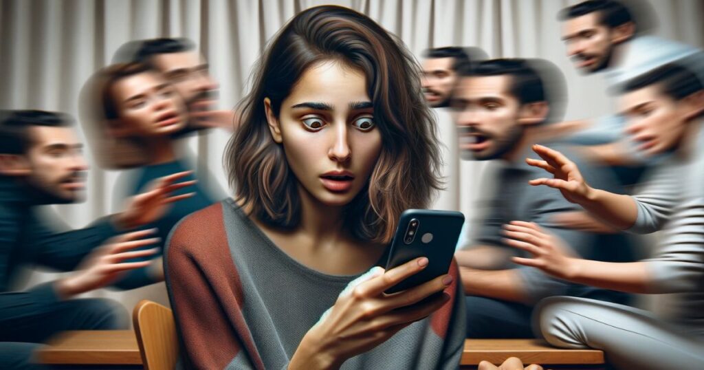 Imagem de uma pessoa olhando para o celular enquanto conversa, refletindo distração e falta de foco, em um ambiente comum, simbolizando o conceito de 'Get Sidetracked'