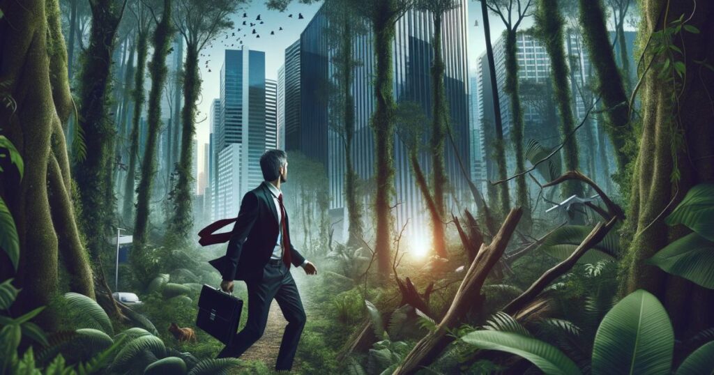 Imagem de um empresário saindo de uma floresta e entrando em um ambiente urbano, simbolizando a transição do desconhecido para o familiar e a ideia de voltar ao caminho certo