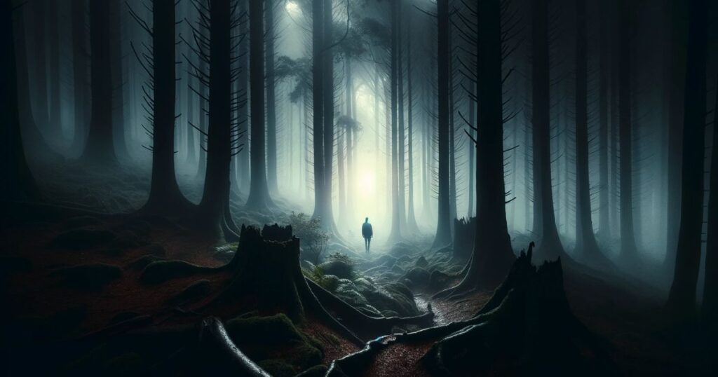 Imagem de uma pessoa perdida em uma floresta escura encontrando uma trilha iluminada e sinalizada, simbolizando a superação de obstáculos e o retorno ao caminho certo.