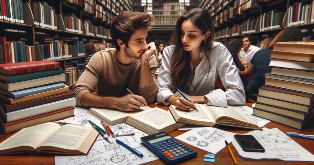 Imagem de Carlos e Juliana na biblioteca, discutindo sobre notas e diagramas em um livro didático, cercados por livros, simbolizando o desvio produtivo do foco no estudo