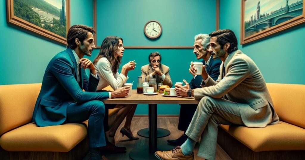 Imagem de João e Maria sentados na sala de descanso do escritório, conversando animadamente enquanto seguram um sanduíche e uma xícara de café, simbolizando a distração de suas responsabilidades profissionais