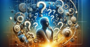 Imagem ilustrando a expressão 'What Gives', com uma pessoa cercada por símbolos de questionamento, representando curiosidade e busca por respostas. Perfeita para conteúdo sobre investigação, descobertas e a jornada do conhecimento