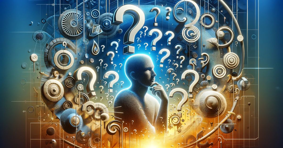 Imagem ilustrando a expressão 'What Gives', com uma pessoa cercada por símbolos de questionamento, representando curiosidade e busca por respostas. Perfeita para conteúdo sobre investigação, descobertas e a jornada do conhecimento
