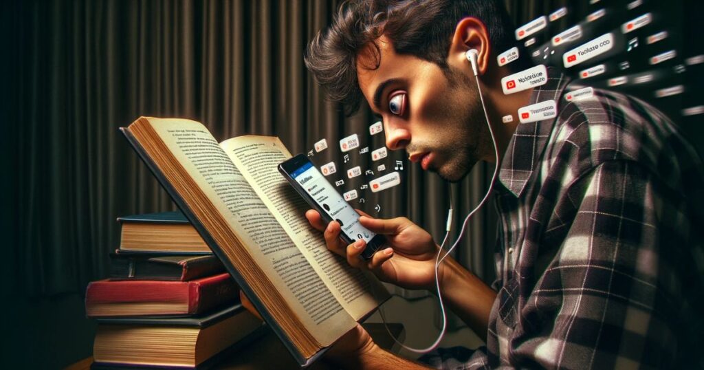 Imagem de uma pessoa tentando ler um livro com um telefone ao lado tocando músicas e mostrando notificações, representando o desafio de manter o foco com distrações digitais
