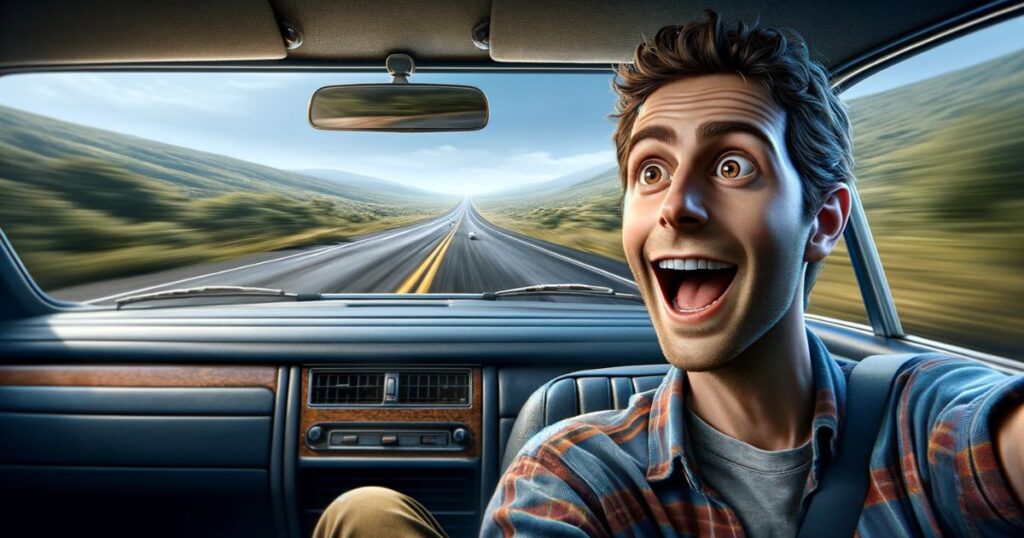 Mark no banco do passageiro de um carro, olhando animado pela janela para a estrada que se estende à frente