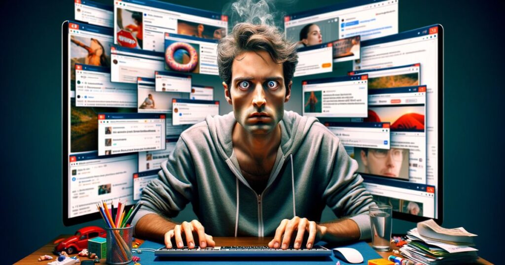 Imagem de uma pessoa em frente a um computador com várias abas abertas, incluindo redes sociais e jogos, simbolizando a distração e a dificuldade de se concentrar em uma tarefa.