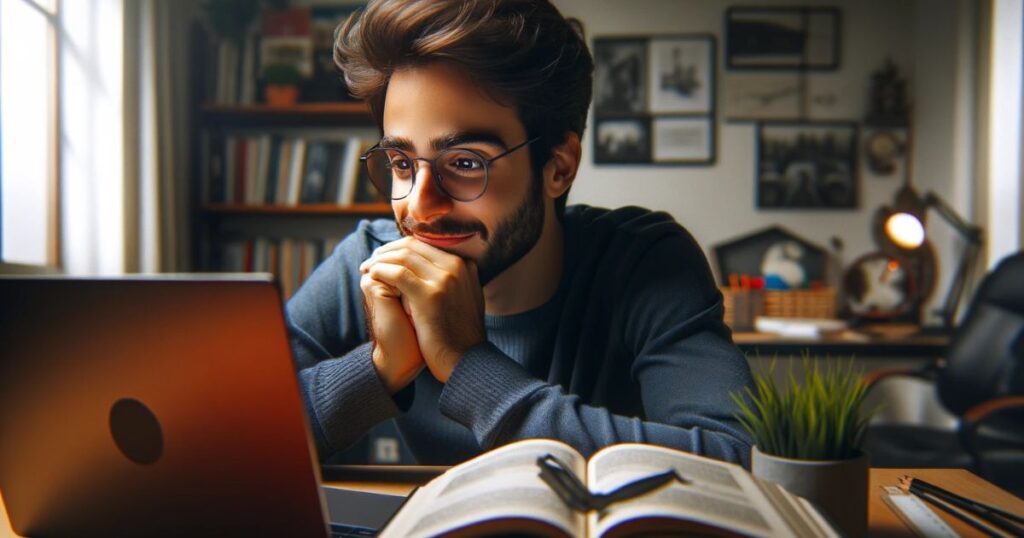 Imagem ultrarrealista de uma pessoa assistindo a um vídeo explicativo e tendo uma expressão de compreensão, em um ambiente de estudo com laptop e materiais de estudo
