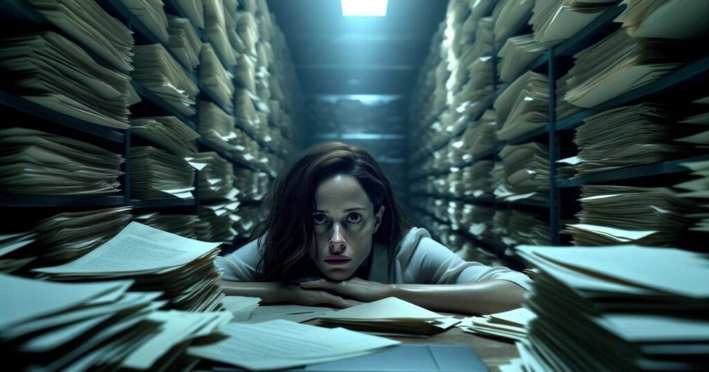 Imagem de Sarah sentada em uma mesa de escritório desorganizada, parecendo exausta e preocupada, simbolizando o estresse e a sobrecarga no trabalho