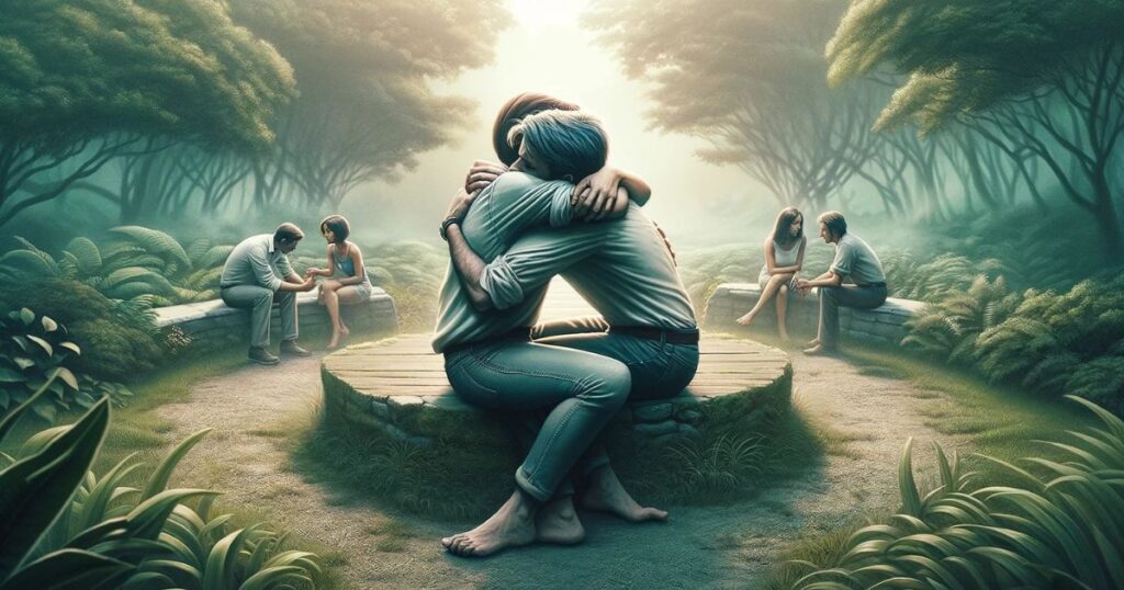 Imagem de duas pessoas se abraçando em um ambiente tranquilo, simbolizando reconciliação e o poder do perdão para superar desafios em relacionamentos