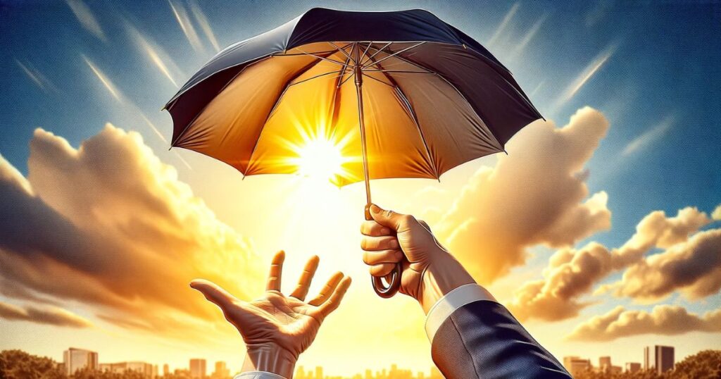 Pessoa pegando um guarda-chuva em um dia claro e ensolarado, ilustrando a falta de percepção da expressão 'Miss The Point'