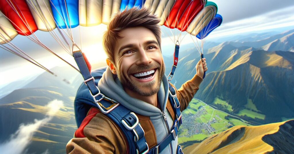 John na montanha segurando um paraquedas, sorrindo e pronto para saltar, simbolizando coragem e aventura.