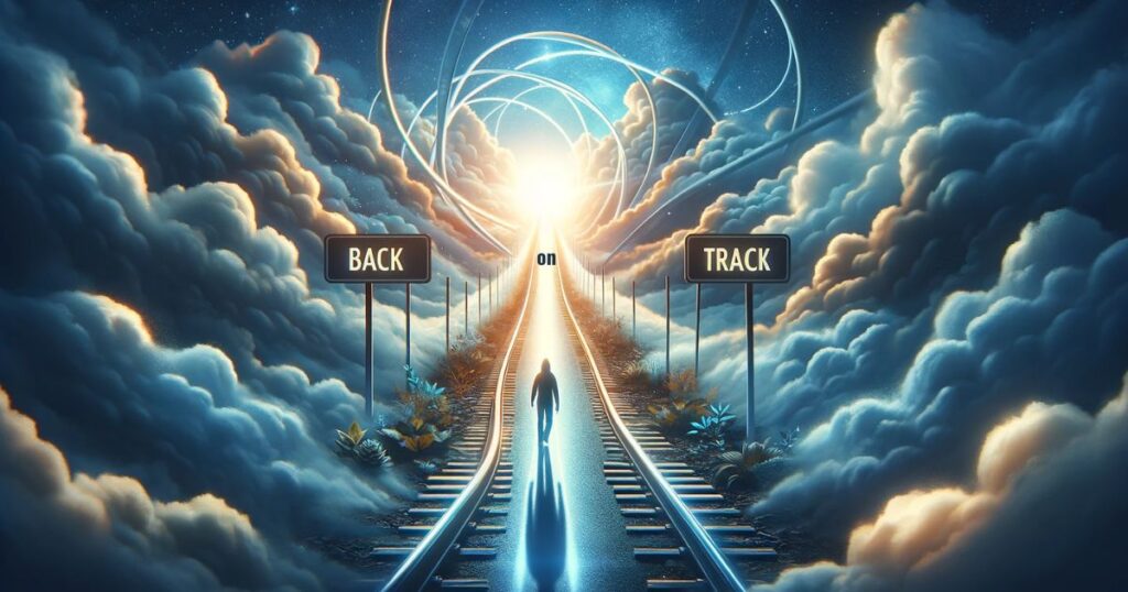 Imagem ilustrando a expressão 'Back On Track', mostrando uma pessoa ou veículo retornando a um caminho definido. Simboliza a superação de obstáculos e o foco em objetivos, perfeita para conteúdo sobre recuperação, direcionamento e progresso pessoal ou profissional
