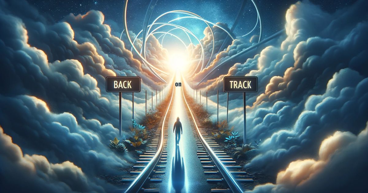 Imagem ilustrando a expressão 'Back On Track', mostrando uma pessoa ou veículo retornando a um caminho definido. Simboliza a superação de obstáculos e o foco em objetivos, perfeita para conteúdo sobre recuperação, direcionamento e progresso pessoal ou profissional