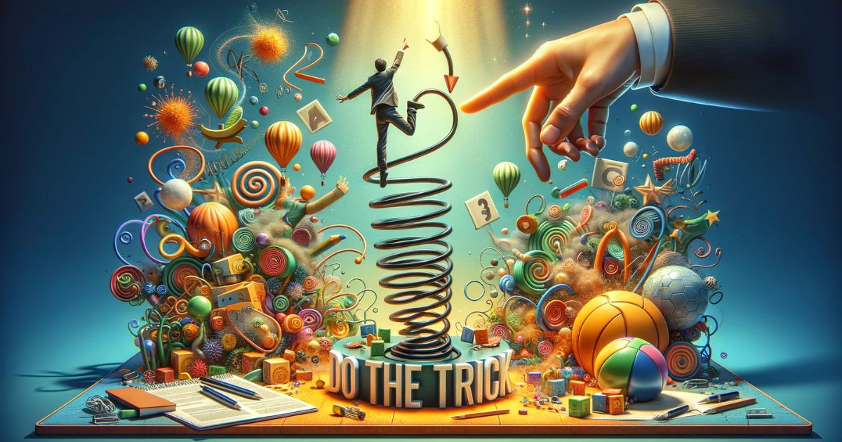 Imagem ilustrando a expressão 'Do the Trick', com uma pessoa encontrando uma solução eficaz, simbolizando a realização de uma tarefa com sucesso. Ideal para conteúdo sobre resolução de problemas, técnicas eficientes e inovação